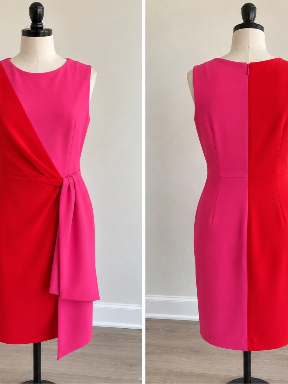 Sandra Darren Pink Red Colorblock Side Tie Sheath Dress Size 8